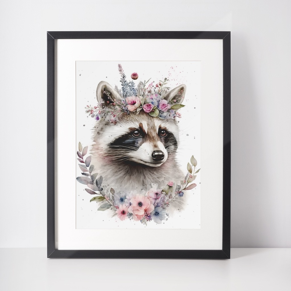 Cute Floral Raccoon Watercolor Wall Art Illustration Print Poster Unframed - Picture 3 of 6